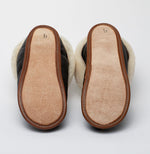 A picture of brown Ithaca Sheepskin slippers displayed sole up on a white background. The soles are made of thick vegetable tanned Horween leather and stamped with their size